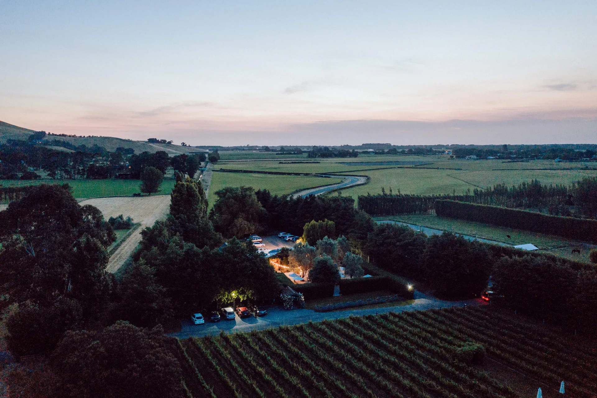 Aerial view over Cossars Wineshed at dusk