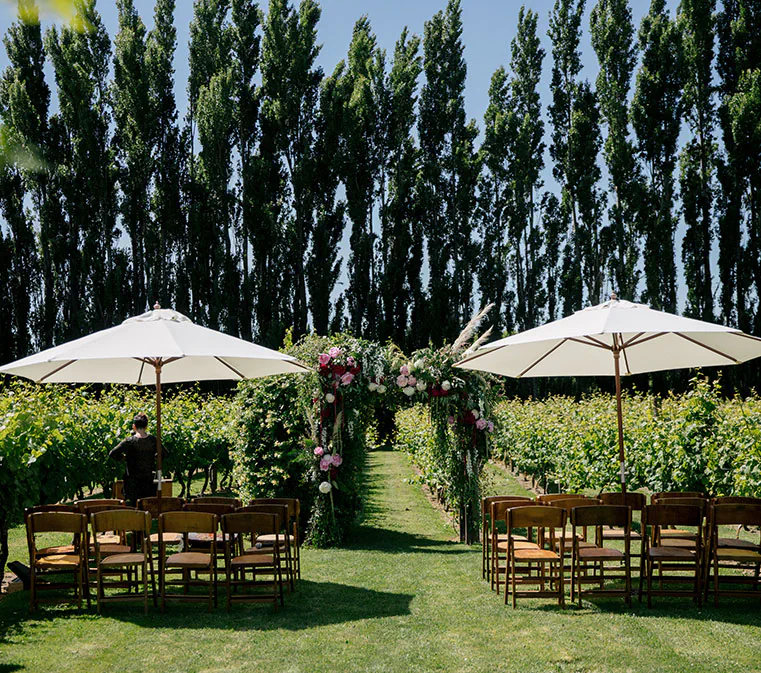 Outdoor ceremony seating at Cossars Wineshed