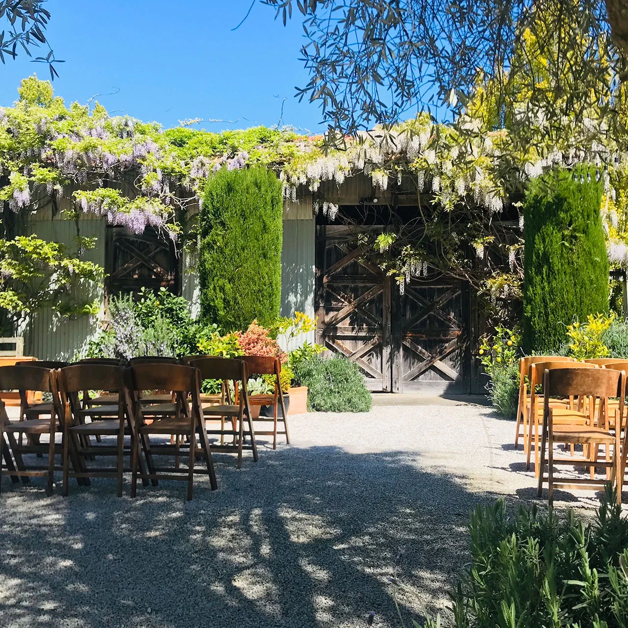 The courtyard ceremony setting at Cossars Wineshed